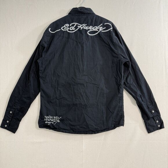 Vintage y2k Ed Hardy black embroidered pearl snap long sleeve shirt 2000 Size M - Picture 1 of 10